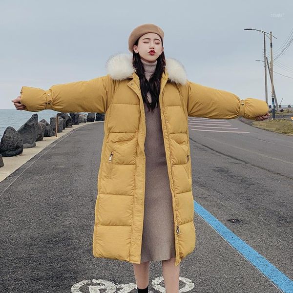 

women's trench coats kuyomens women winter coat with fur hood female outwear long jacket thick cotton fleece warm parka, Tan;black