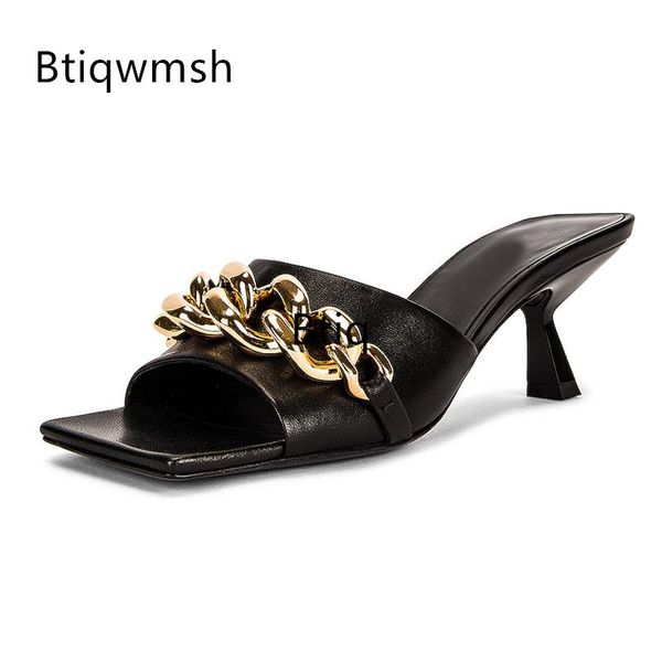 

gold chain leather slippers women open toe red blue strange high heels shoes woman sandals, Black