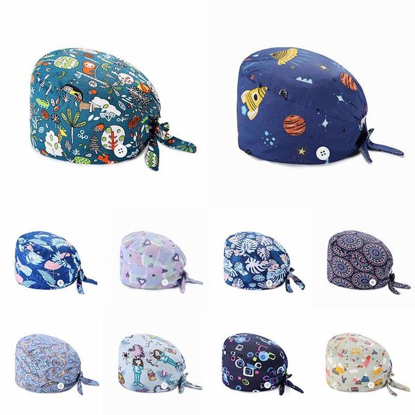 

beanies multicolor printing sweat-absorbent cotton hats beautician working hat men and women spa adjustable buckle caps