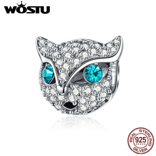 Wostu 100% 925 Sterling Silver Blue CZ Eyes Kitty Gato Beads Fit Charme Original Pulseira Pingente Beads para Jóias Fazendo CQC1131 Q0531