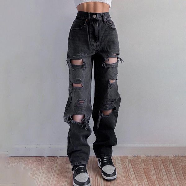 

women's jeans hole women denim pants cyber ghetto mid waist trousers ripped black baddie street style indie aesthetic autumn 2021 retro, Blue
