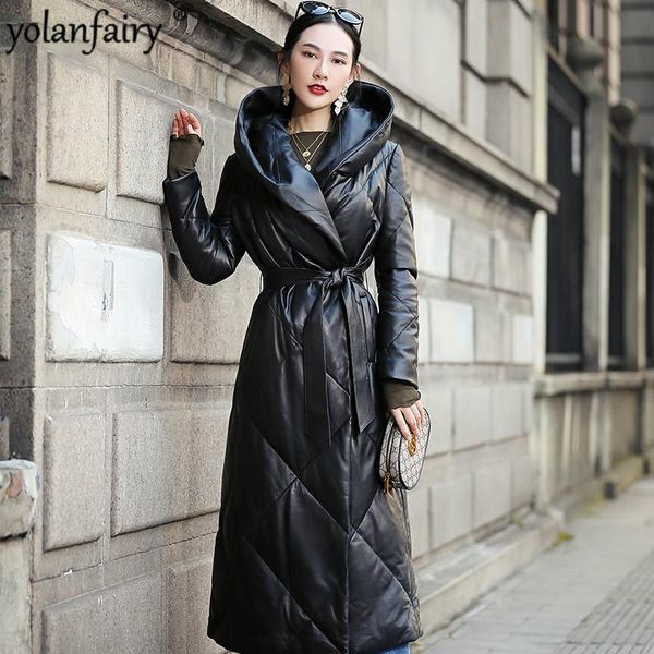 

women's leather & faux 2021 real jacket women winter down hooded long sheepskin coat female genuine warm qbl-yr02 kj4886, Black