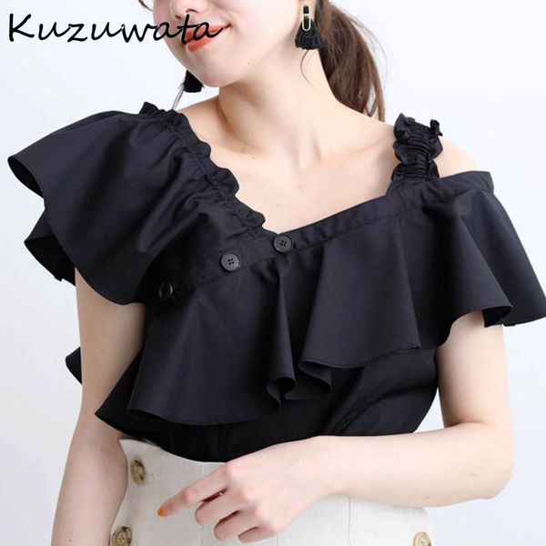 

women's blouses & shirts kuzuwata 2021 summer irregular v neck off shoulder ruffles sleeve japan style sweet office lady women blusas, White
