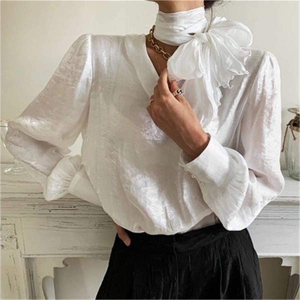 

korean new fashion v-neck elegance 2021 lady chic high street gentle loose clothe blouses with scarf hbey, White