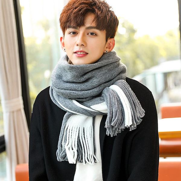 

scarves 2021 est scarf mens 200*40 long silk thick warm winter men grey white stripe fashion casual wool cashmere tassel, Blue;gray