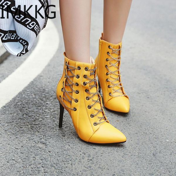 

boots high heels women fashion chain stiletto pointed toe ankle woman plus size 43 zapatos de mujer, Black