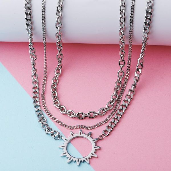 

5pcs/lot mirror polished stainless steel sun flower necklace accessories collar chain versatile sweater chain multi layer, Silver