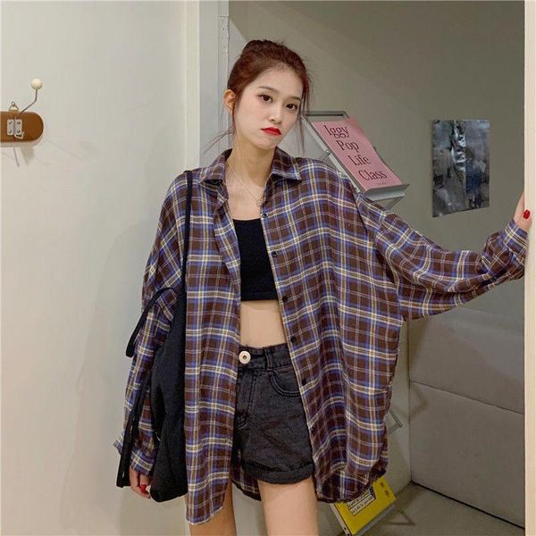 

women's blouses & shirts plaid women long sleeve cardigan vintage black checked shirt cute button up oversize korean fashion blouse, White