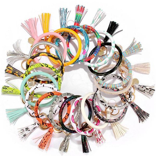 

pu leather bracelet keychain sunflower leopard wristlet key ring tassel bangle keychain pendant party favor db484, Silver