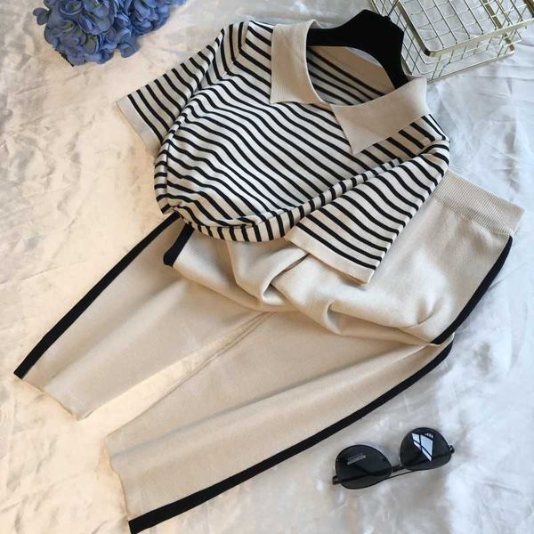 

lapel stripe short-sleeved knitting outfit + wide-leg pants two-piece suit women summer fashion trousers sets 210601, White