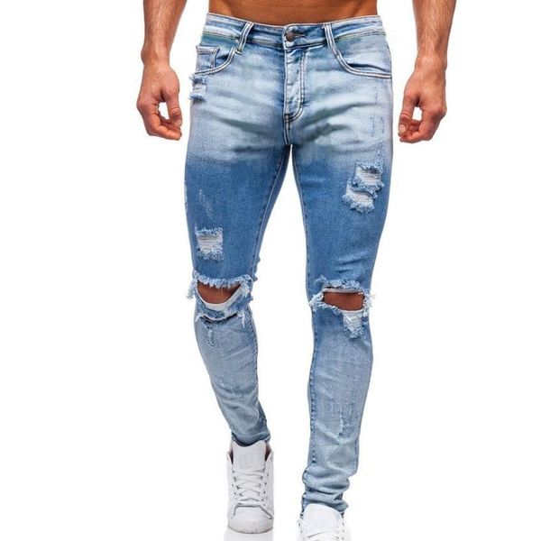 

men's jeans fashion slim pencil pants casual hole ripped design streetwear zipper water milled feet woven trousers, Blue
