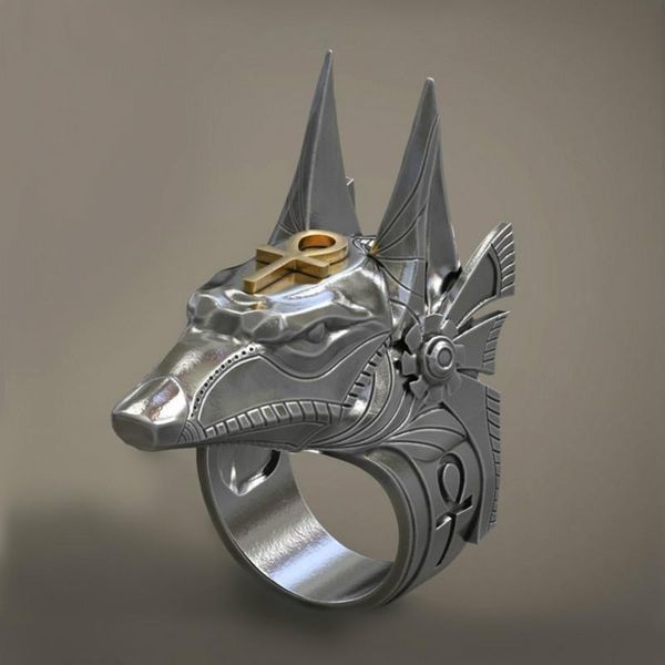 

cluster rings ancient egypt jackal head ring for man antique 316l stainless steel anubis god personality punk party jewelry, Golden;silver