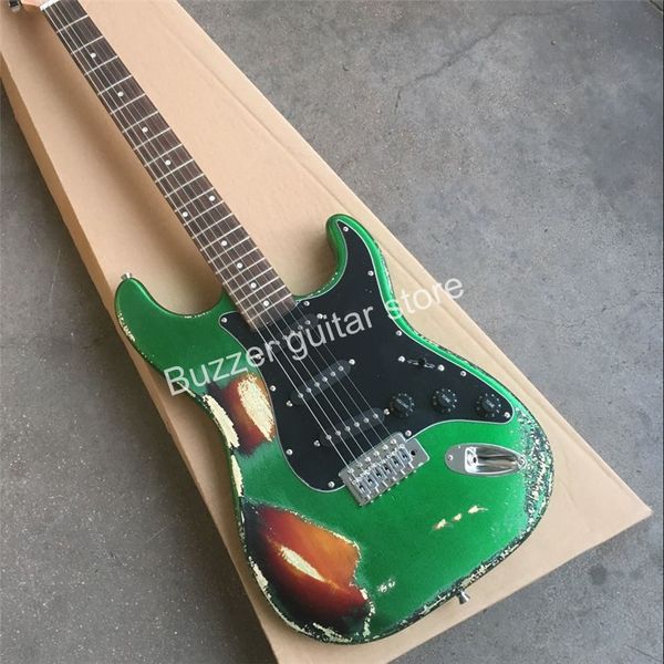 2021 Loja Personalizada Relíquia Relíquia Cobertura Verde Sunburst Guitarra Elétrica, Rosewood Fretboard Guitarra