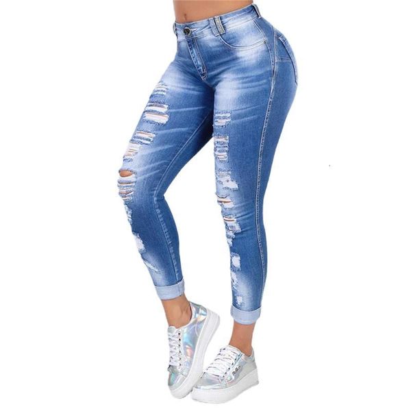 

plus size pencil women ripped high tail ny denim hollow ed long broek jeans, Blue