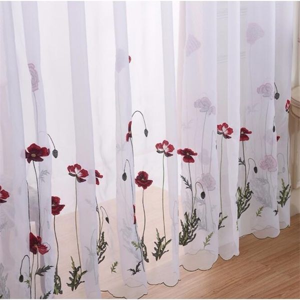 Clássico branco puro cortina de flor vermelha bordada tule para sala de estar simples tela de janela pastoral Voile drape bedroom 210913