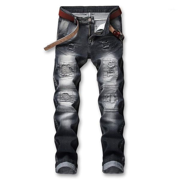 

men fashion denim pleated jeans retro pants men's, Blue
