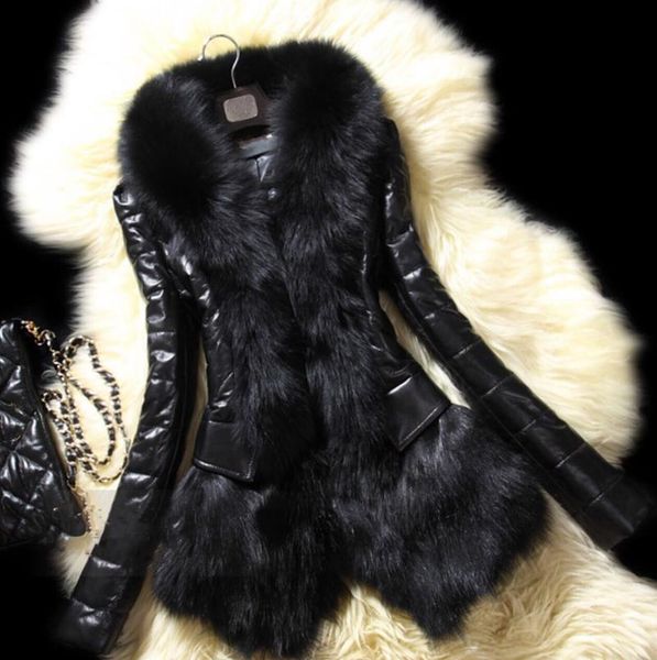 

women's winter jacket long sleeve warm big furs collar coat leather thick jacket overcoat with sheepskin leather manteau femme, Black;brown