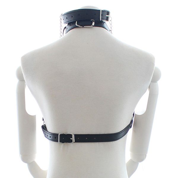 

camatech pu leather restraints neck bondage with nipple chain clamps for women fetish erotic chest harness games toys