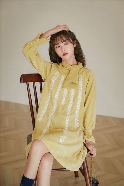 

2021 new autumn yellow long sleeve women patch bow tie neck knee length ladies classy korean fashion clothing b83i, Black;gray