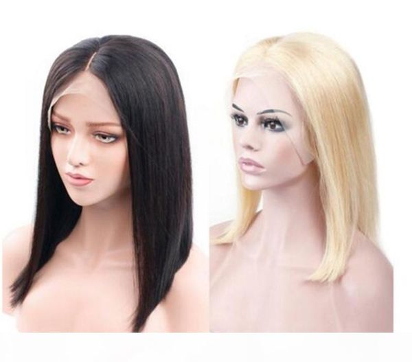 

short lace front human hair wigs brazilian straight bob wig with baby hair human hair wigs natural color 613, Black;brown