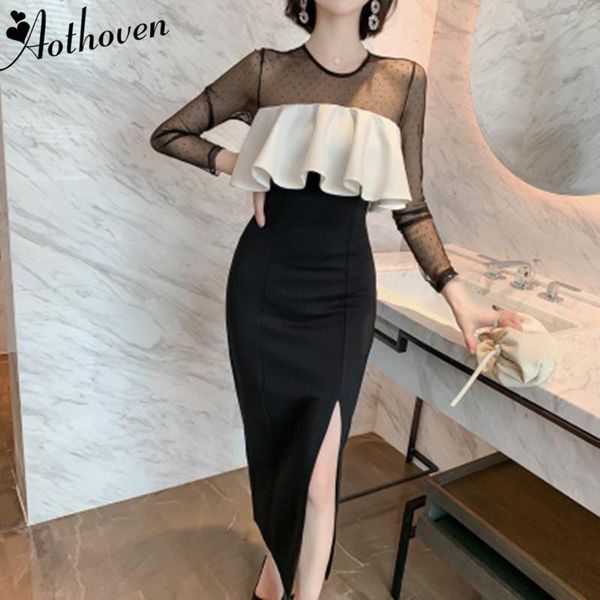 

casual dresses 2021 autumn office party bodycon women o neck mesh patchwork elegant ruffles vintage bandage dress vestidos, Black;gray