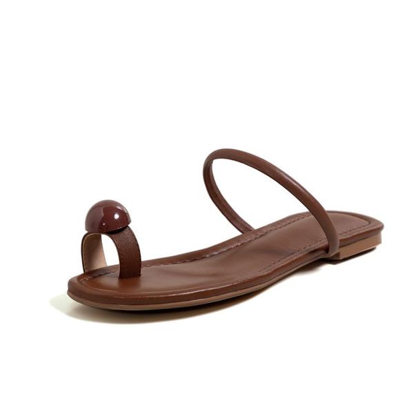 

slippers 2021 women genuine leather sandals round toe flat slides casual ladies beach shoes green brown size34-40, Black