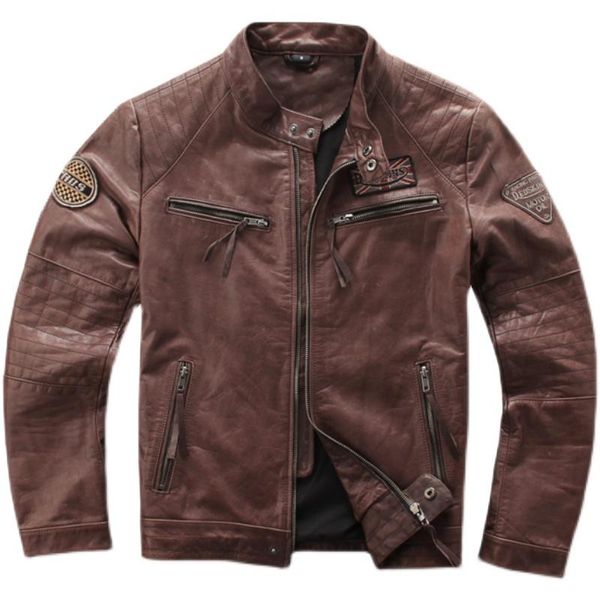 

men's leather & faux 2021 genuine jacket retro waxy layer cowhide embroidery motorcycle coat, Black