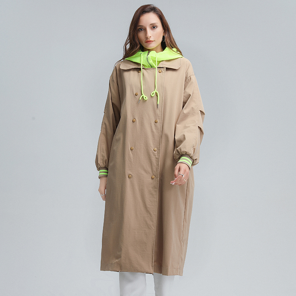 

korean patchwork hit color trench for women lapel long sleeve hoodies casual loose windbreaker female 2021 fall new, Black