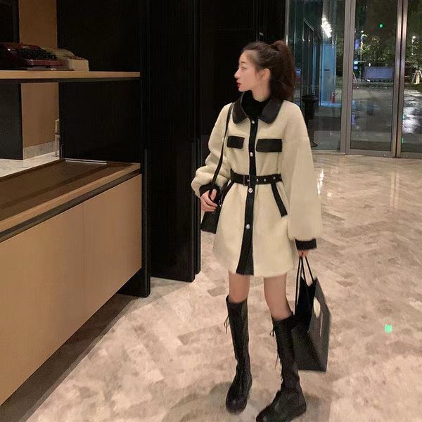 

women's fur & faux leather jacket of the fake female retro lapel lambs quilted skin a warm winter coat thicken fashion motorcycle bombe, Black