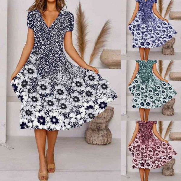 

women's floral print v-neck short sleeve dress, White