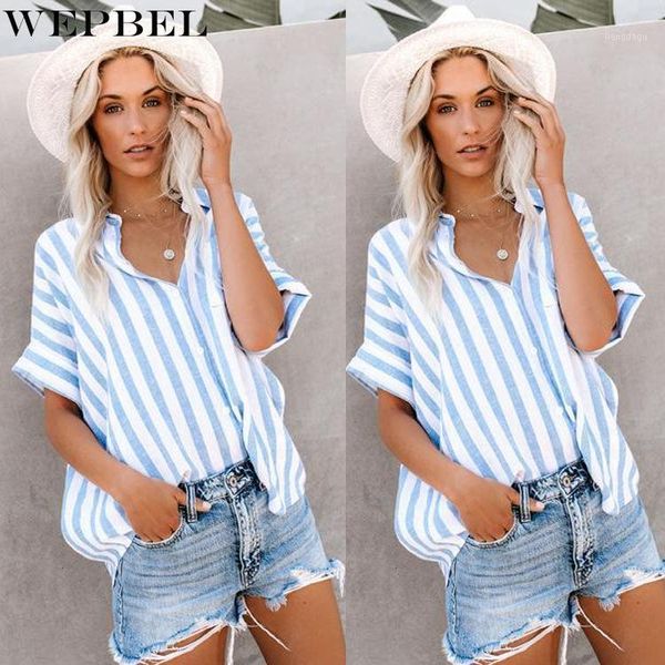 

summer fashion striped single breasted loose blouses women's casual short sleeve v-neck cardigan & shirts, White