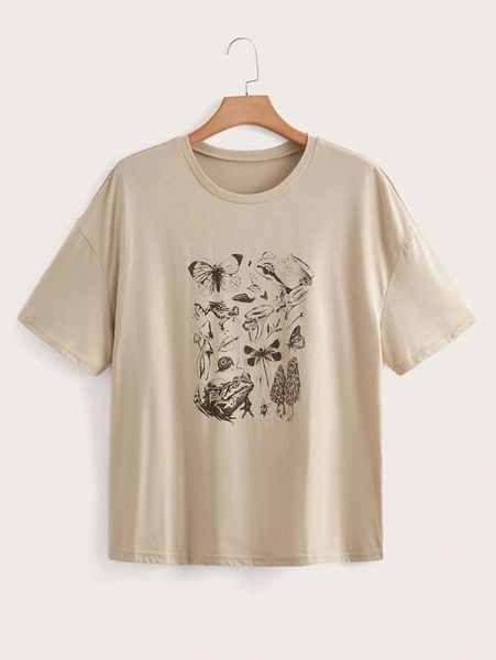 

plus frog and butterfly print drop shoulder tee j9en#, Black