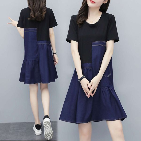 

20212020 summer women's denim dress fat mm loose cover meat age reduction stitching fake two large skirt, Blue