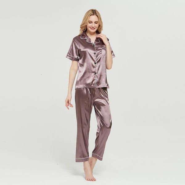 

spring pajama sets faux silk pijama satin sleepwear women summer large size pyjama femme sleep lounge short sleeve pajamas, Black;red
