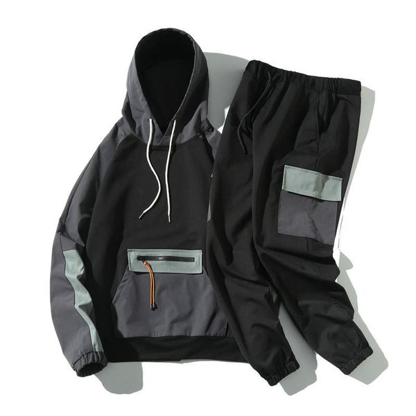 

men's tracksuits hip hop 2 pieces set mens tracksuit casual pockets suits loose hooded sweatshirts men jacket+pants sets clothing, Gray
