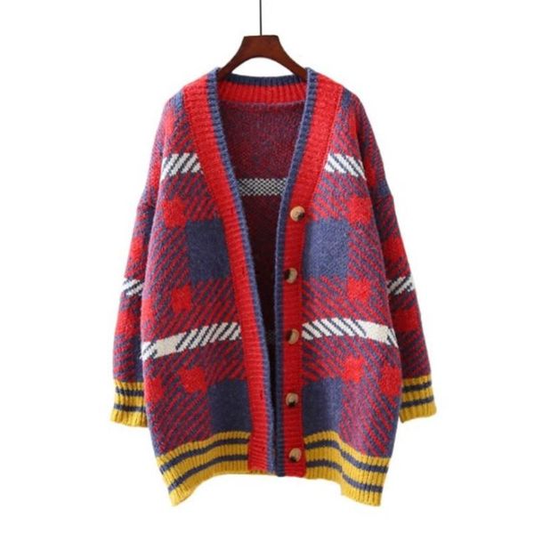 

women's sweaters 2021 loose long female sweater v-neck section knitted contrast color striped plaid cardigan korean jacket women, White;black