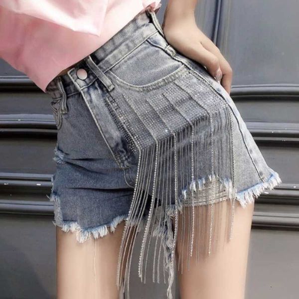 

heavy industry rhinestone tassels denim shorts women hole ripped high waist jeans wide leg shorts, White;black