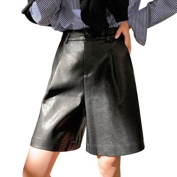 

women's shorts back buttons s-3xl autumn winter 2021 loose five points leather trouser plus size, White;black