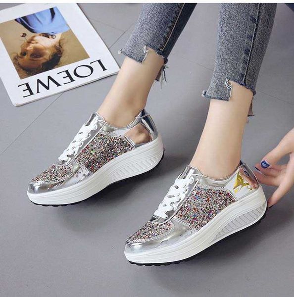 

fashion girls sport shoes women sneakers white shoe new women's ladies wedges vulcanize sequins shake y0907, Black