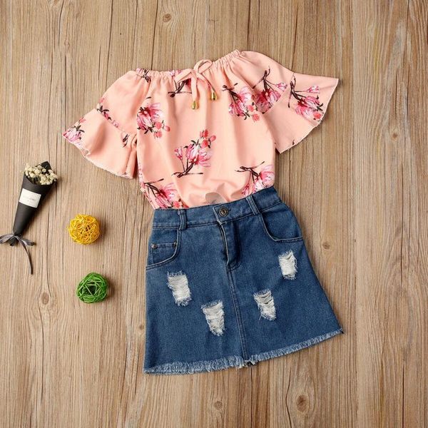 

clothing sets baby& children's 1-6years fashion kids baby girls clothes off shoulder + ripped denim skirts set, White