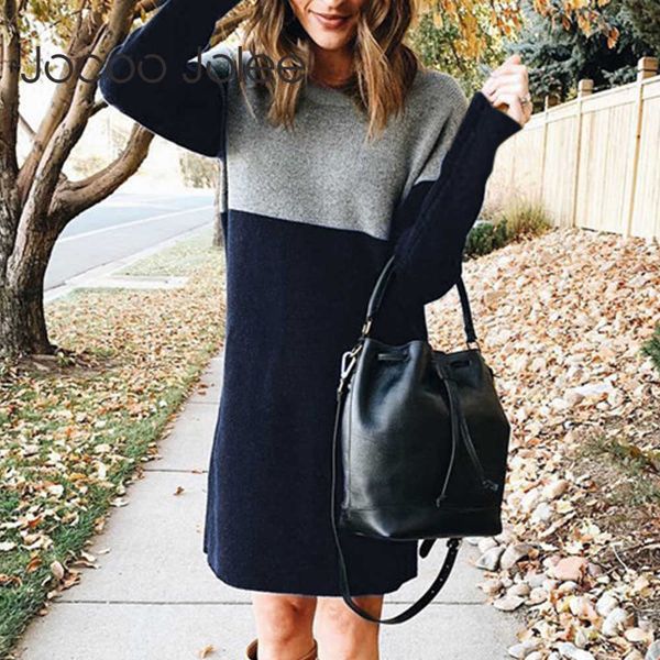 

jocoo jolee oversized knitted dress autumn winter long sleeve o neck patchwork sweater dress elegant retro loose knit dress 210619, Black;gray
