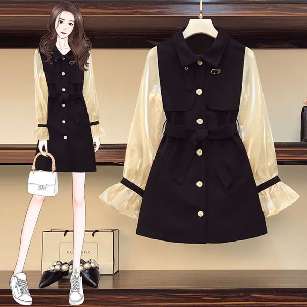 

large size women's 2021 spring new fat sister thin shirt skirt foreign style cover meat age reducing french dress, Black;gray