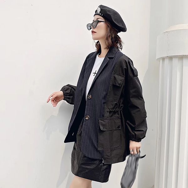 

casual patchwork striped coat for women lapel batwing sleeve hit color korean jackets female fashion new clothing, Black;brown