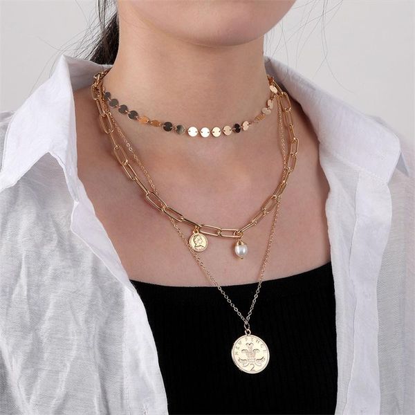 

pendant necklaces hip hop coin thick chain necklace for women gold pearl choker gothic multilayer punk jewelry party, Silver