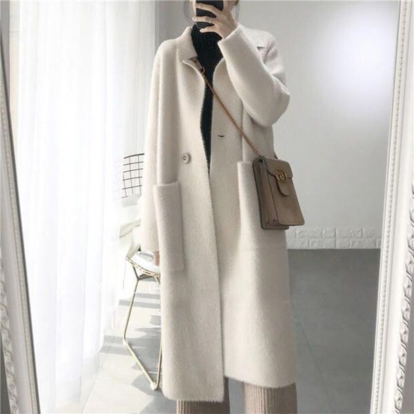

women's knits & tees women 2021 autumn winter imitation mink velvet outwear female loose long sweater coats ladies solid cardigan jacke, White