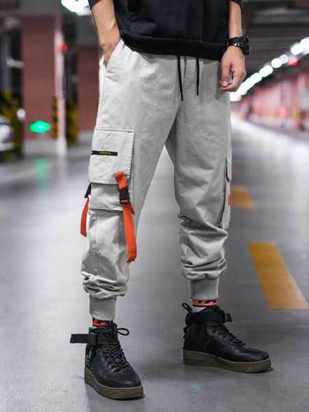 

romwe guys patched pocket buckle detail cargo pants y4wy#, Black