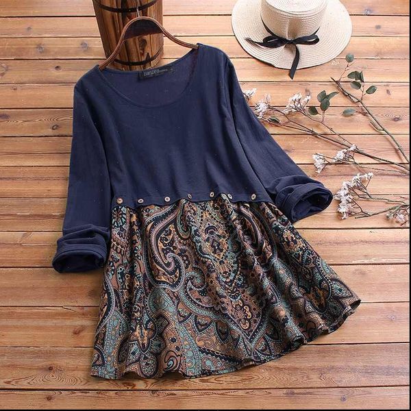 

vintage women long sleeve floral printed blouse spring patchwork femme robe work tunic cotton linen shirt blusa, White