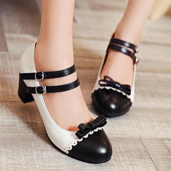 

dress shoes agodor mary jane for women plus size block heel bowtie pumps 2021 spring high heels girls cosplay vintage lolita, Black