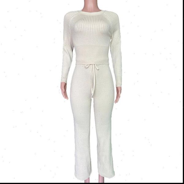 

o neck ribbed knitted two pieces women sets casual long sleeve tshirt and wide leg pant suit solid fitness outfit, Gray