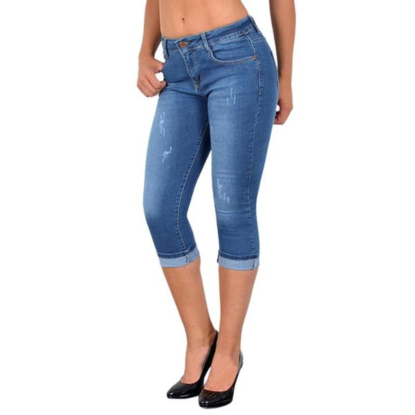 

women's jeans women denim shorts streetwear high waist solid flanging button tight pencil calf-length pants woman, Blue